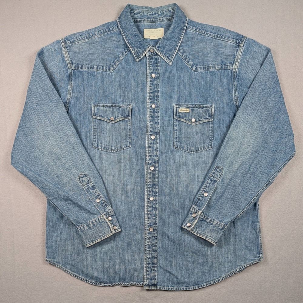 American Eagle Denim Western Shirt Mens XL Blue Pearl Snap Front Long Sleeve